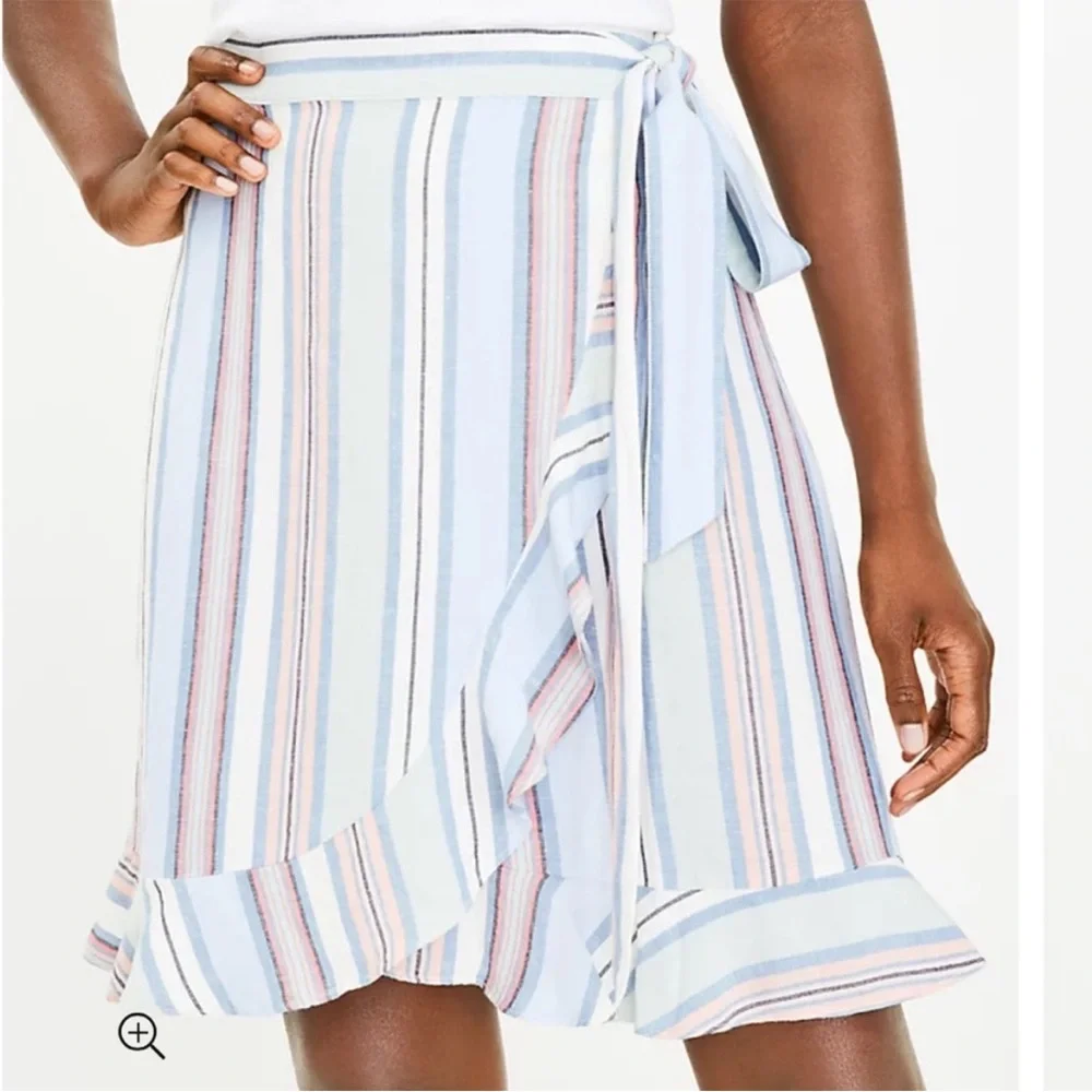 NWT Loft Front Wrap Skirt Pastel Striped Ruffle Back Zip Green Blue Pink Size 12
